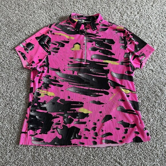 Jamie Sadock Womens XL Pink Black Abstract Quarter Zip Short Sleeve Top - Picture 8 of 8